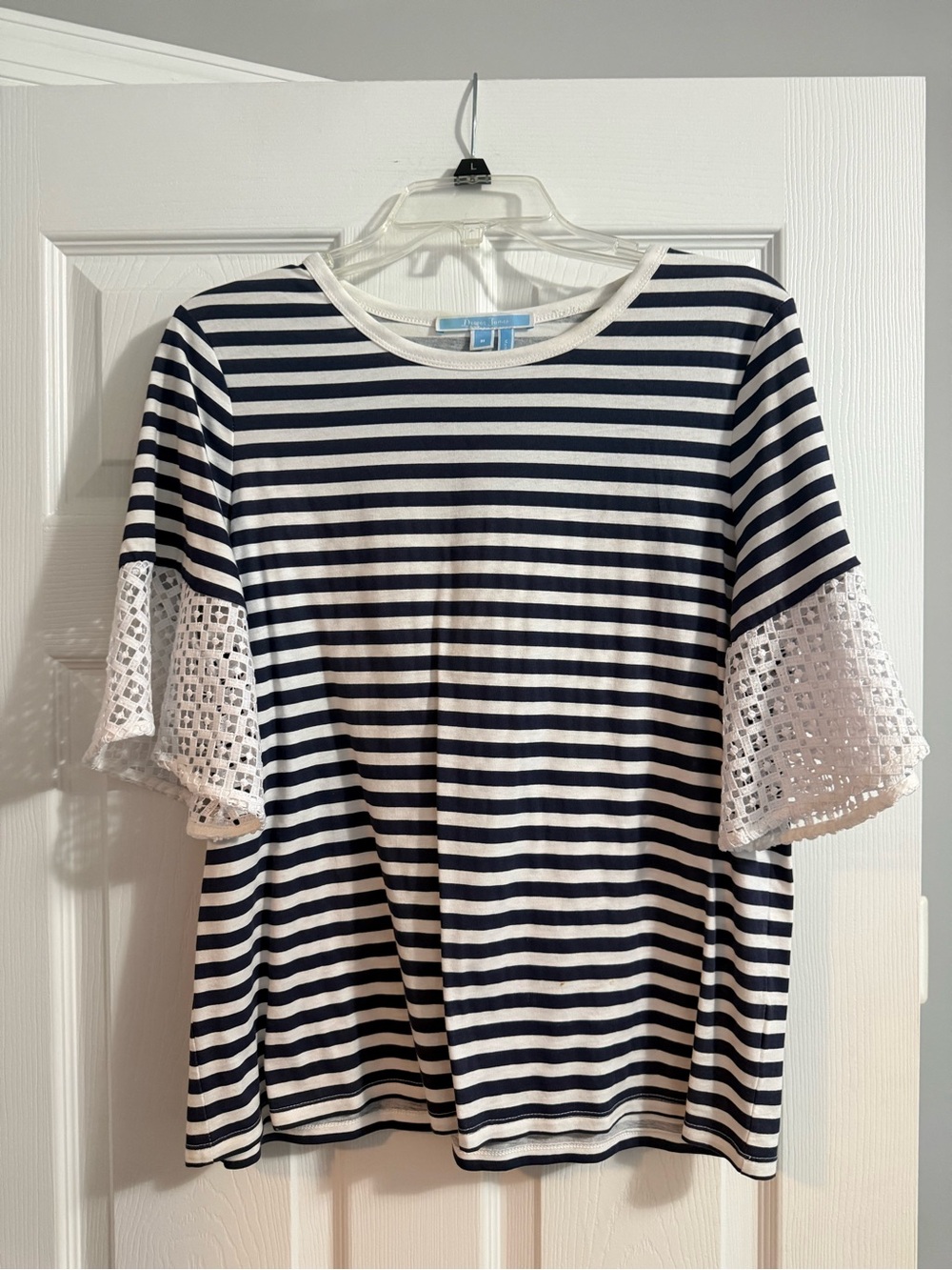 Draper James Navy & White Striped Tee with Crochet Bell Sleeves